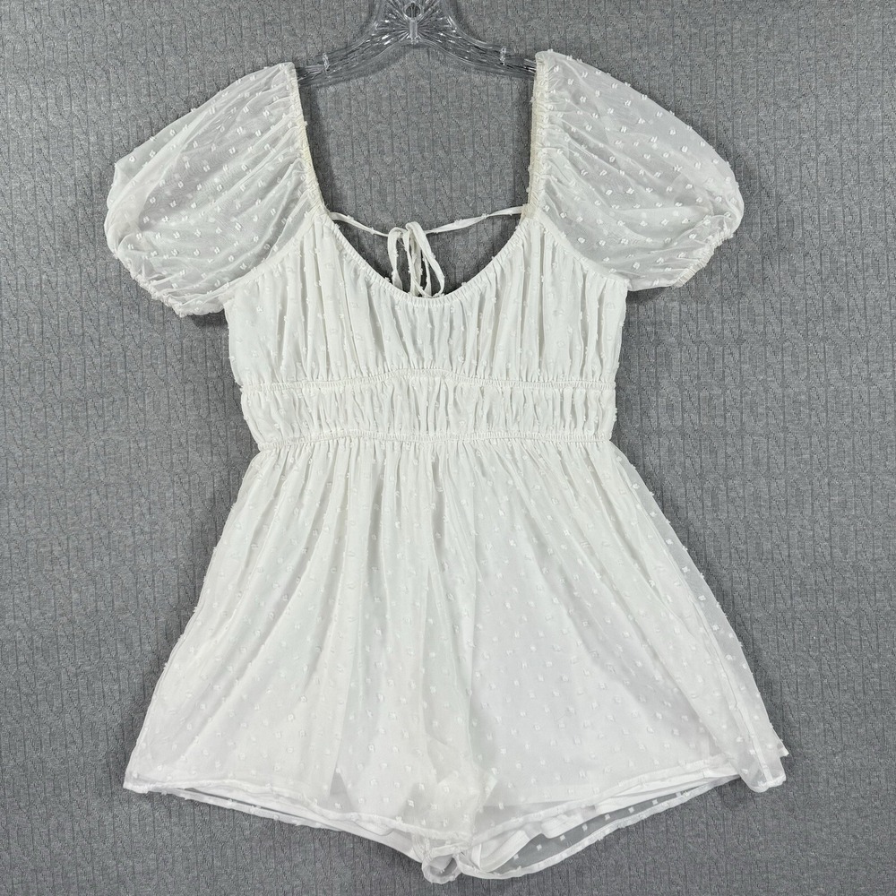 Altar'd State Romper Women Medium White Swiss Dot Puff Sleeve Smocked Tie Back